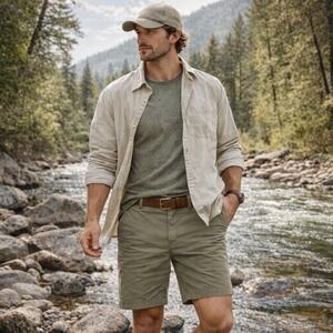 Orvis Chino Shorts Olive Green Flat Front Stretch Cotton Casual Men's 34